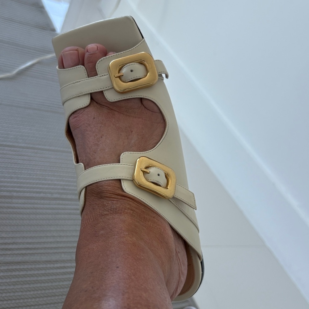 Bottega Veneta Cream Mules with Gold Buckles - Picture 2 of 9